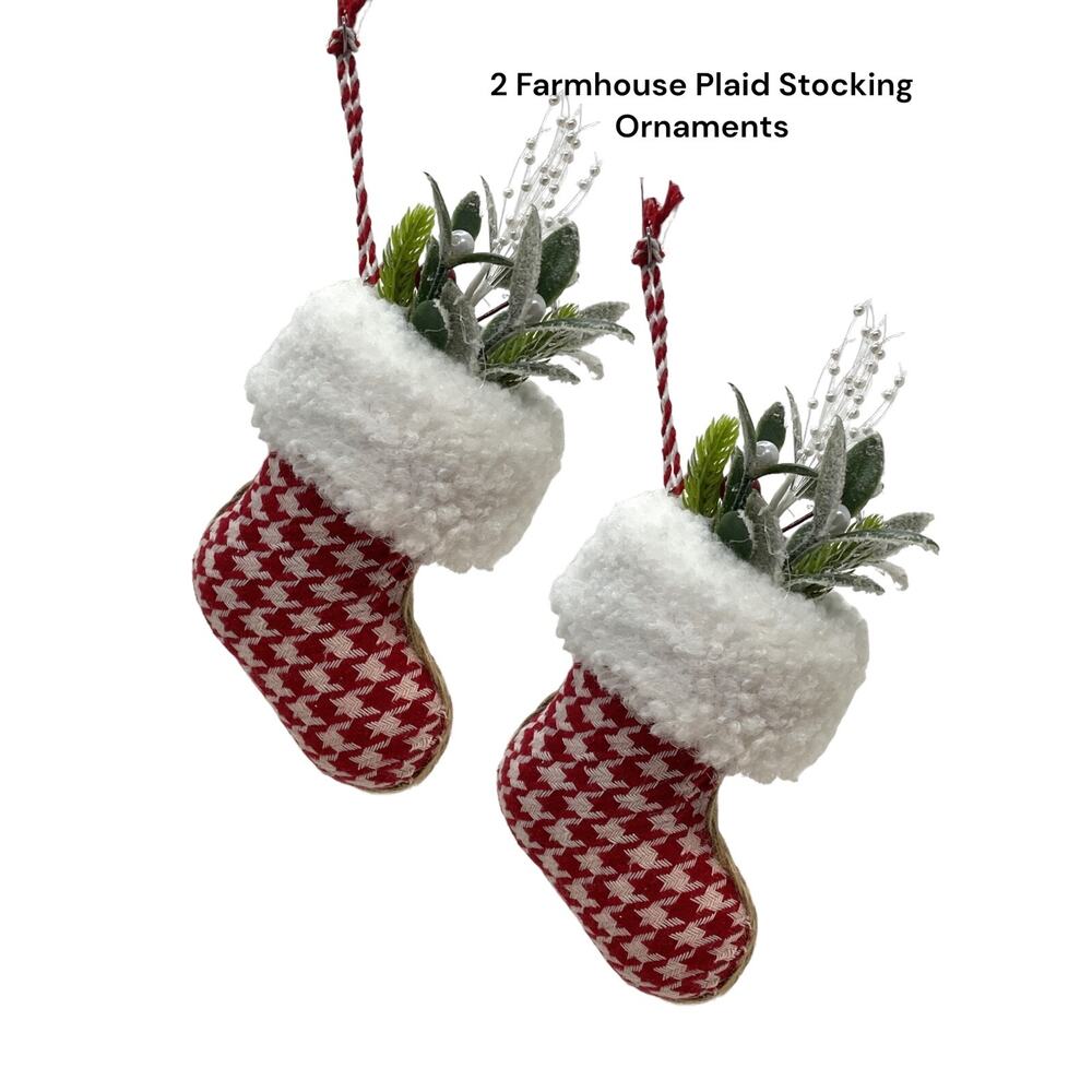 2 Red White Plaid Christmas Stocking Ornaments Farmhouse Hand Decorated‎